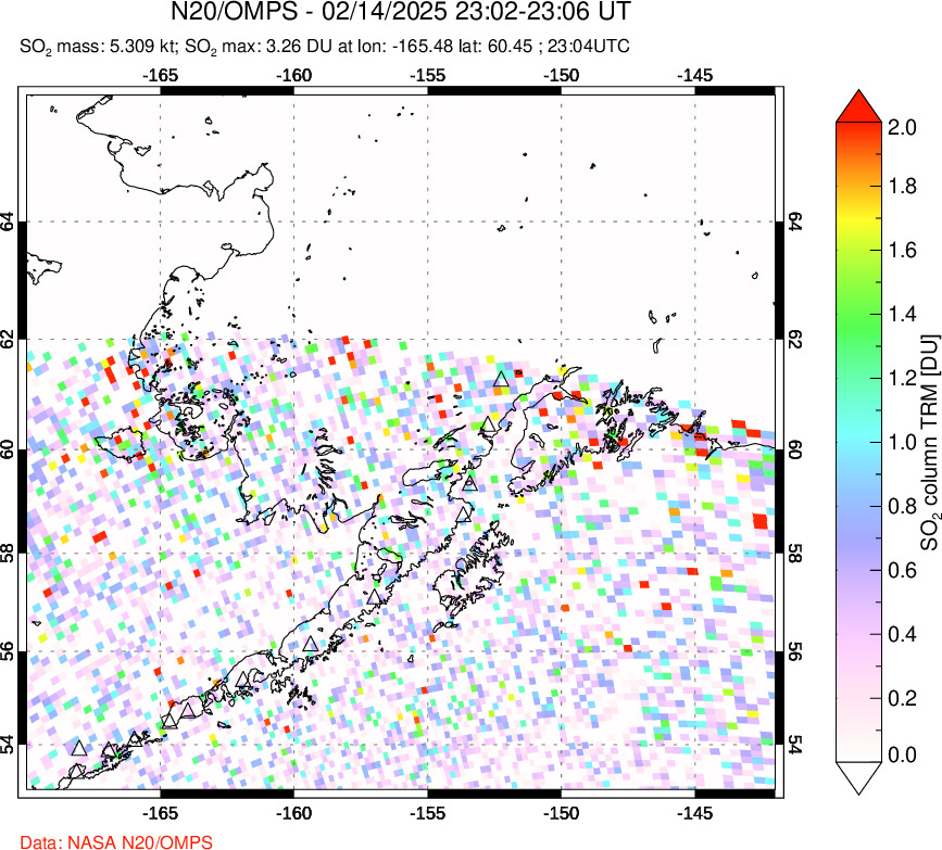 A sulfur dioxide image over Alaska, USA on Feb 14, 2025.