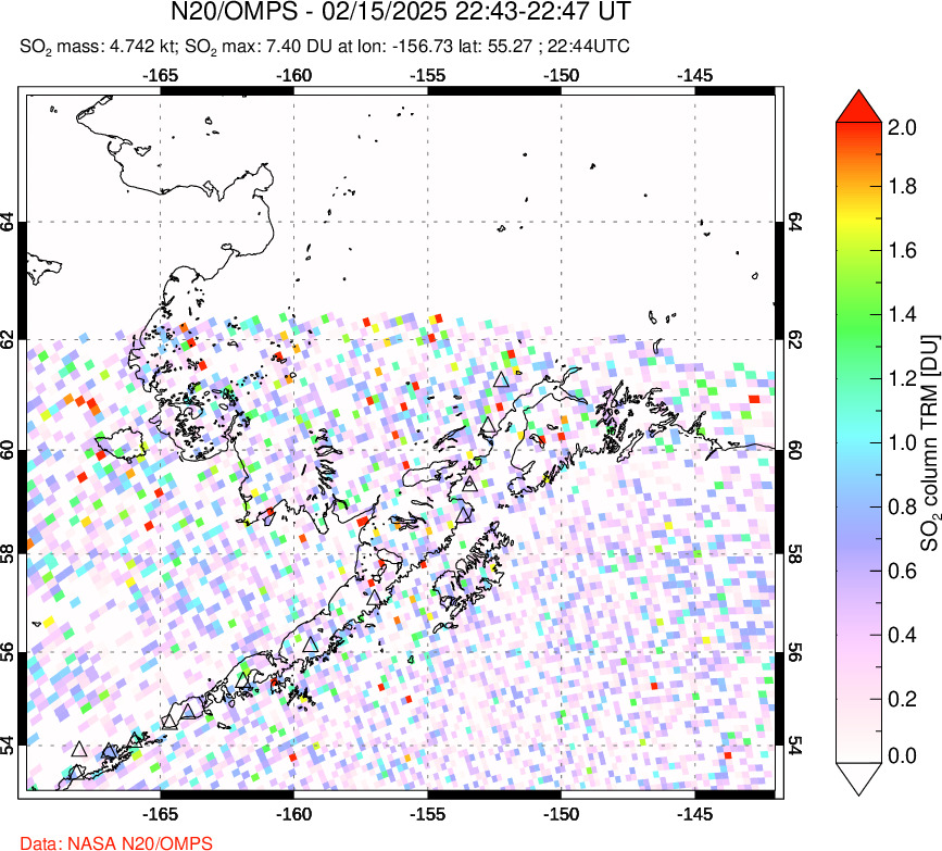 A sulfur dioxide image over Alaska, USA on Feb 15, 2025.