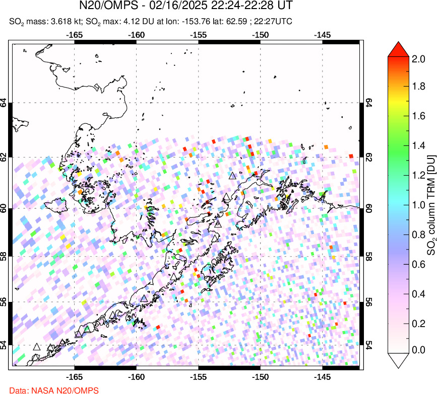 A sulfur dioxide image over Alaska, USA on Feb 16, 2025.