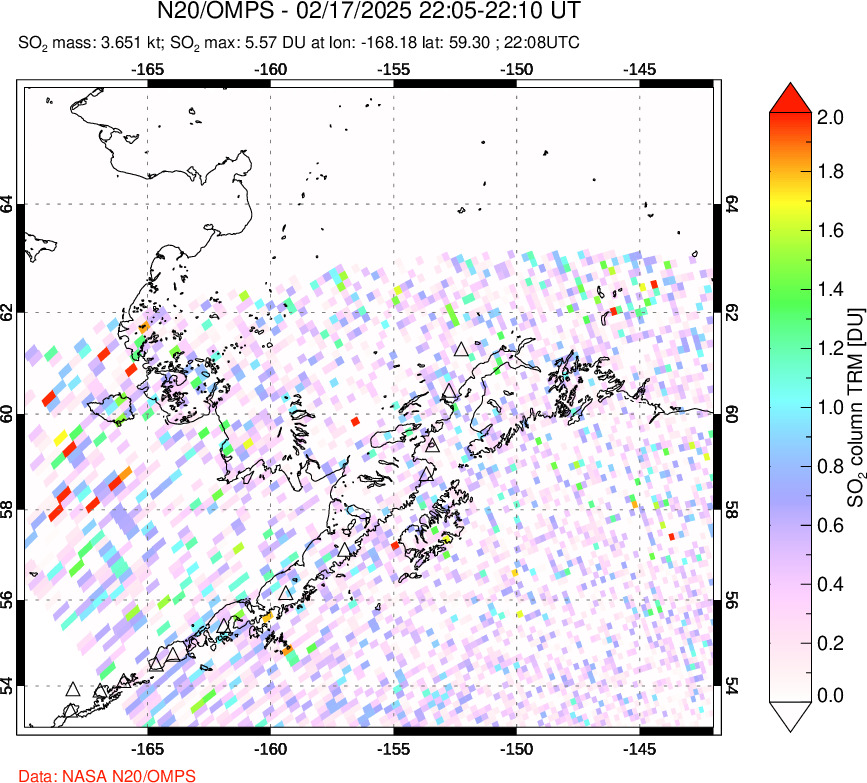 A sulfur dioxide image over Alaska, USA on Feb 17, 2025.