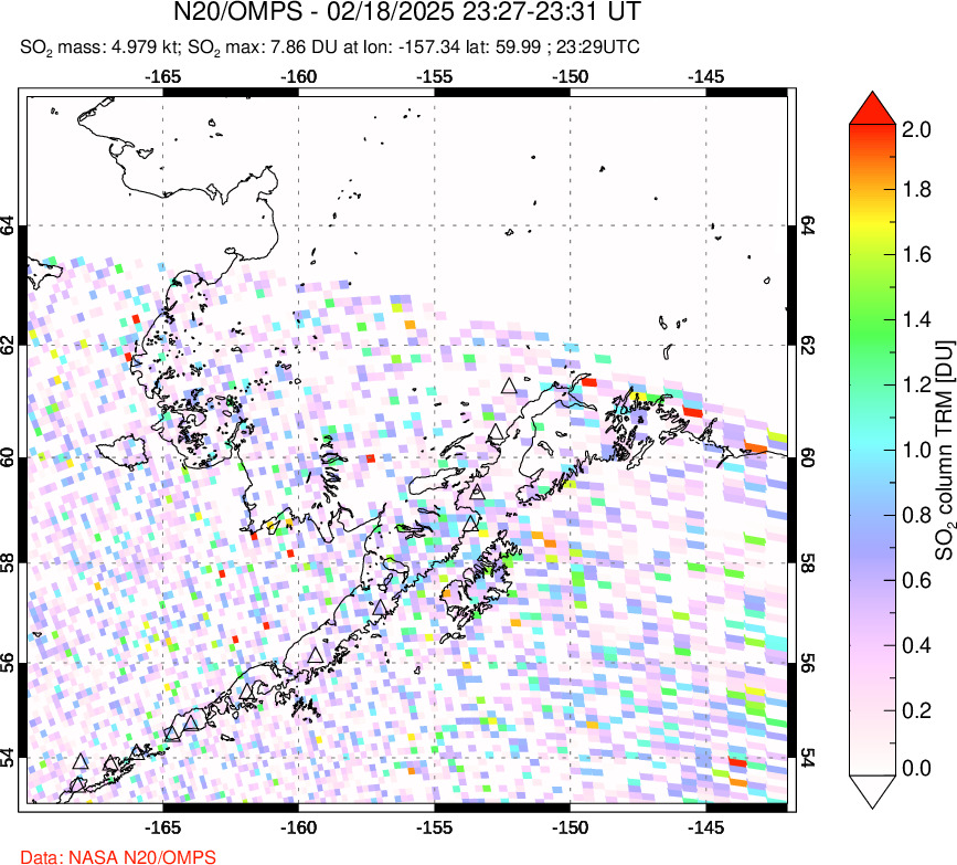 A sulfur dioxide image over Alaska, USA on Feb 18, 2025.