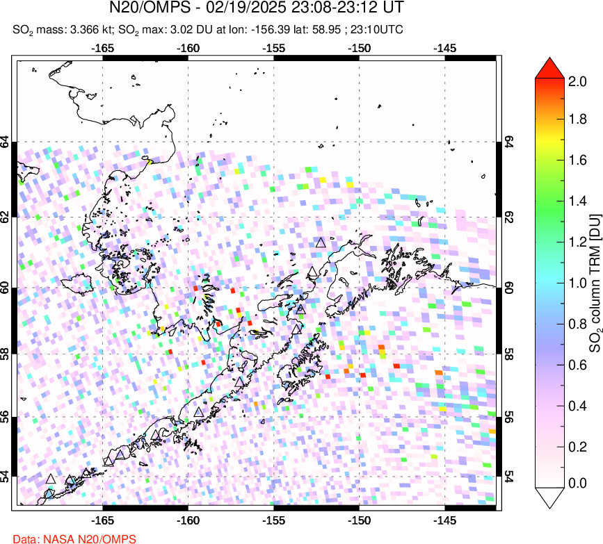 A sulfur dioxide image over Alaska, USA on Feb 19, 2025.