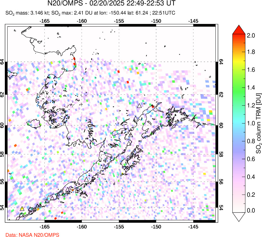 A sulfur dioxide image over Alaska, USA on Feb 20, 2025.