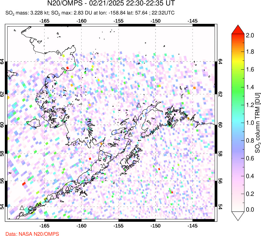 A sulfur dioxide image over Alaska, USA on Feb 21, 2025.