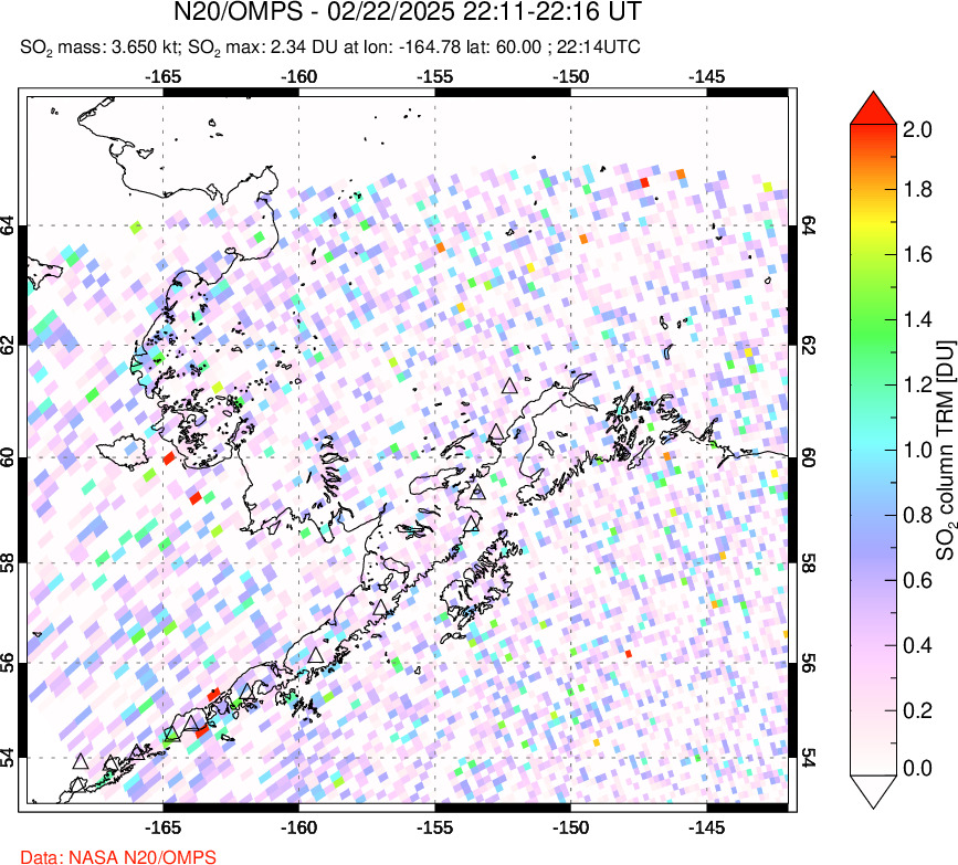 A sulfur dioxide image over Alaska, USA on Feb 22, 2025.