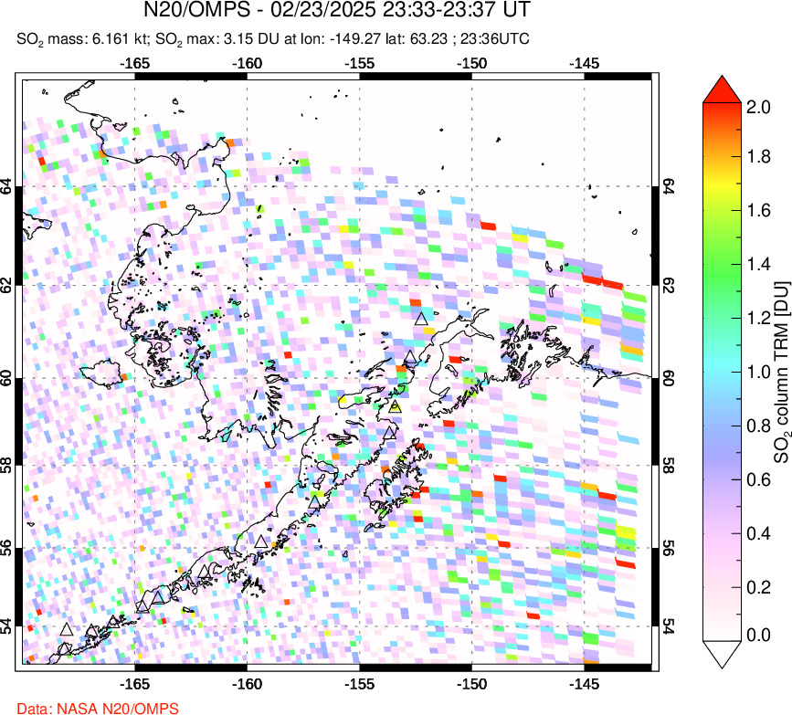 A sulfur dioxide image over Alaska, USA on Feb 23, 2025.