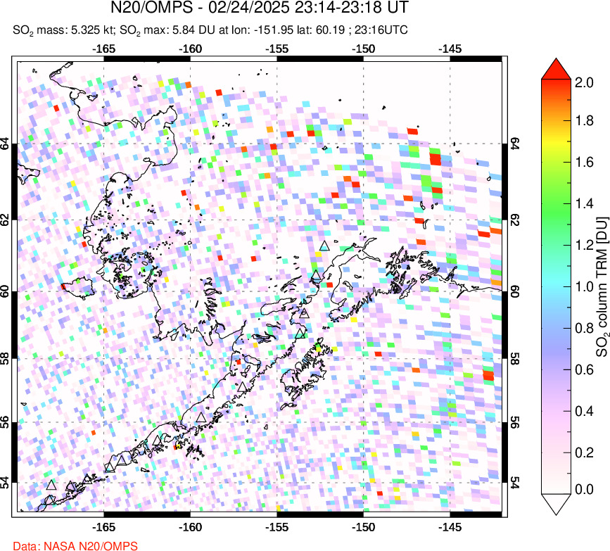 A sulfur dioxide image over Alaska, USA on Feb 24, 2025.