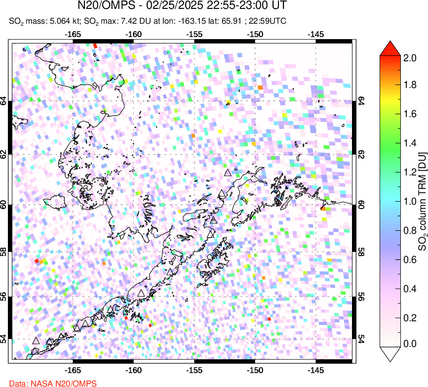 A sulfur dioxide image over Alaska, USA on Feb 25, 2025.