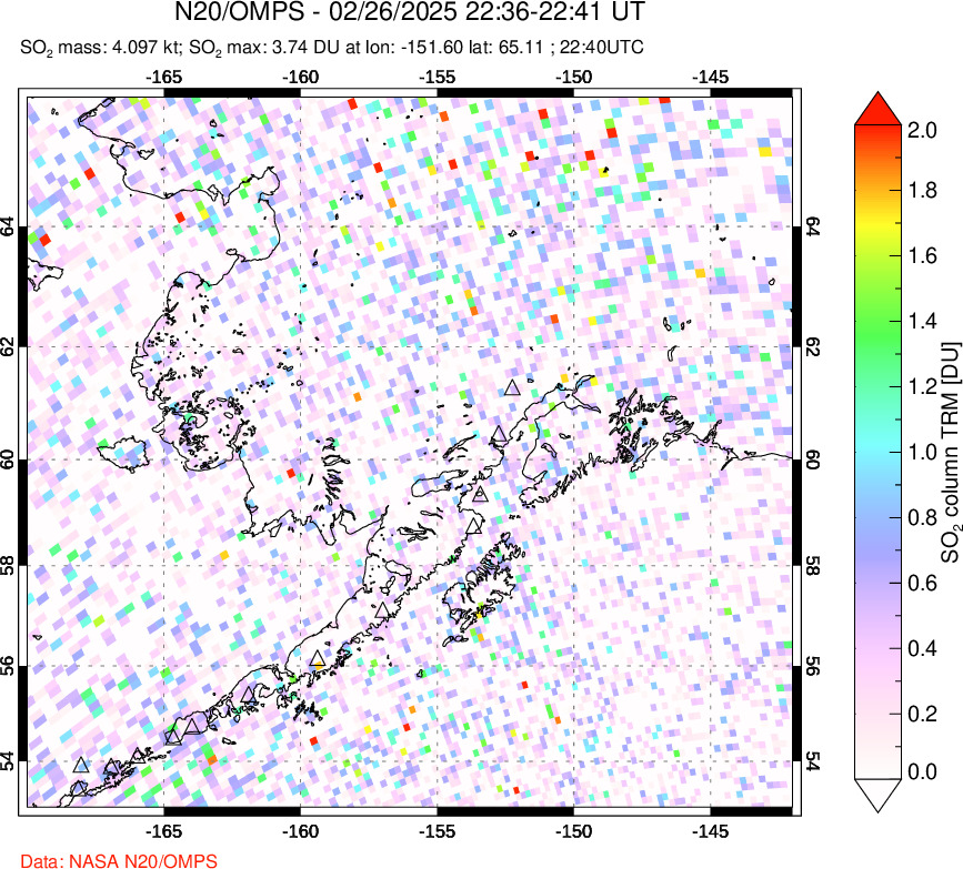 A sulfur dioxide image over Alaska, USA on Feb 26, 2025.