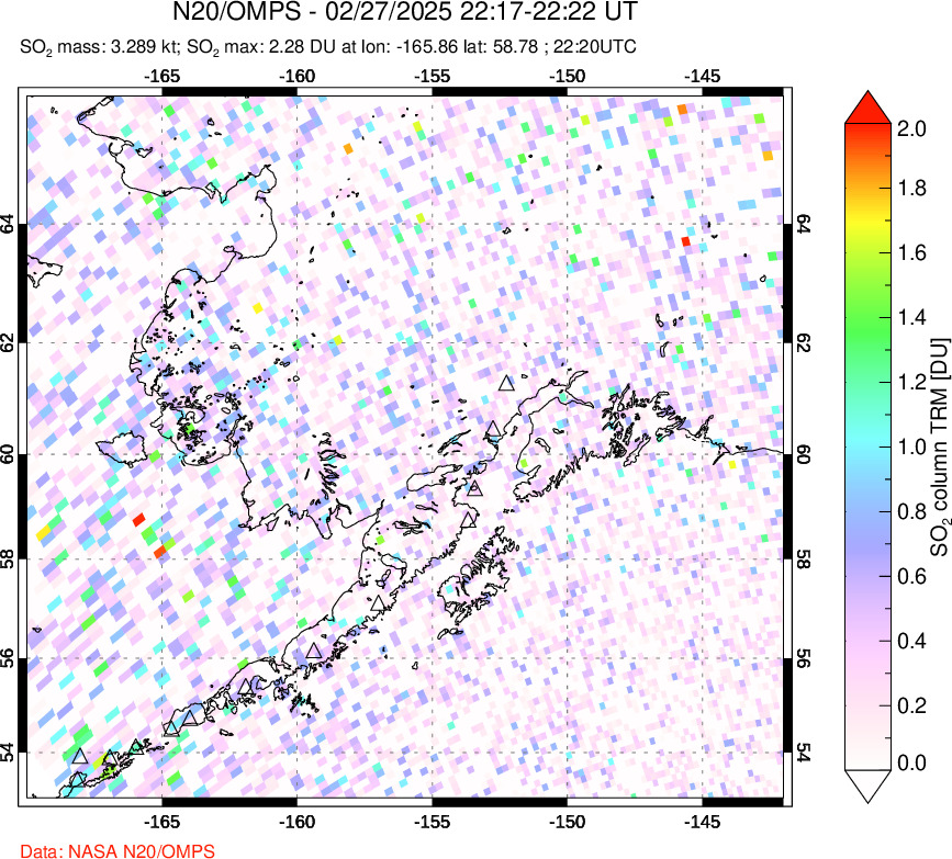 A sulfur dioxide image over Alaska, USA on Feb 27, 2025.