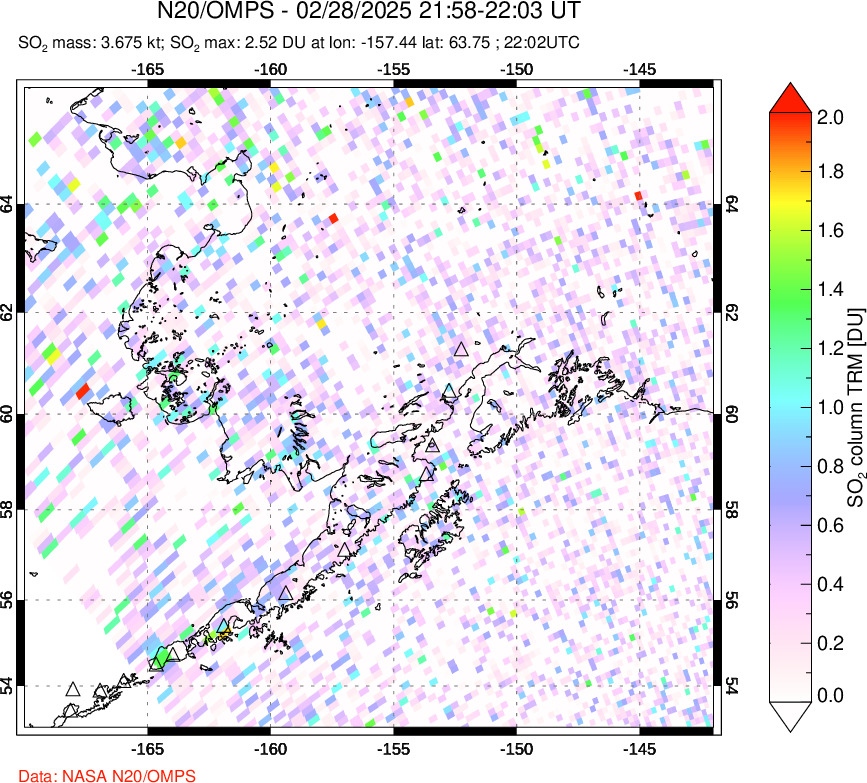 A sulfur dioxide image over Alaska, USA on Feb 28, 2025.