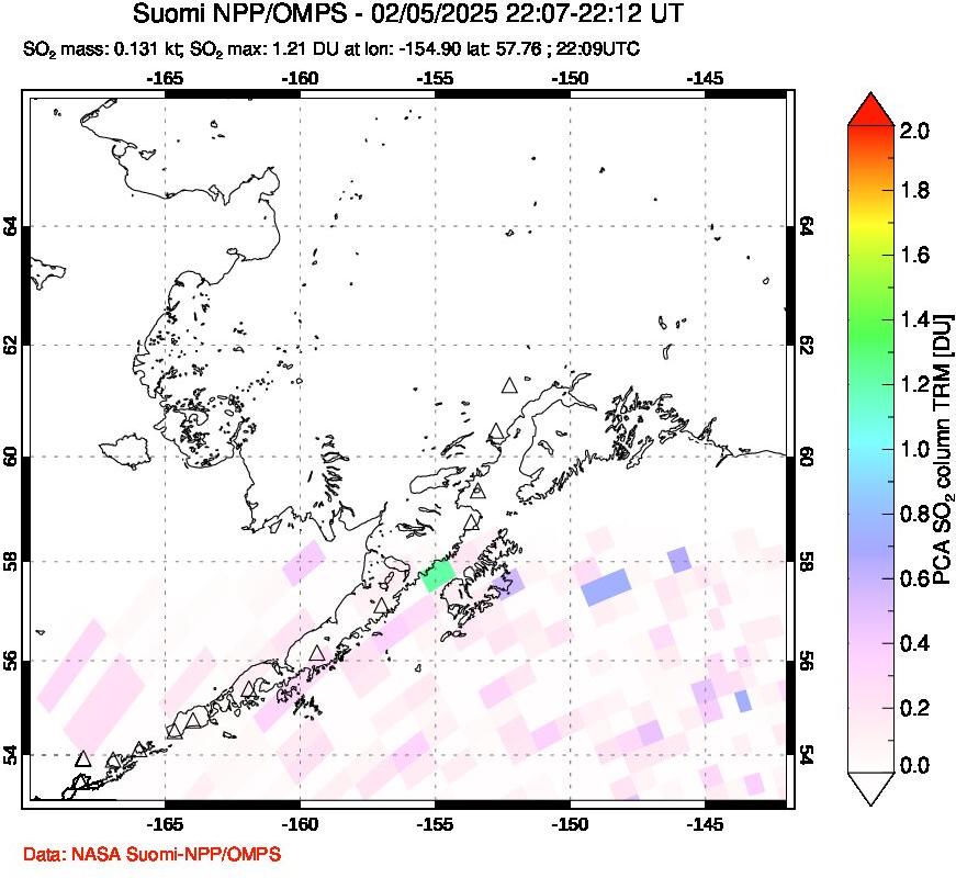 A sulfur dioxide image over Alaska, USA on Feb 05, 2025.