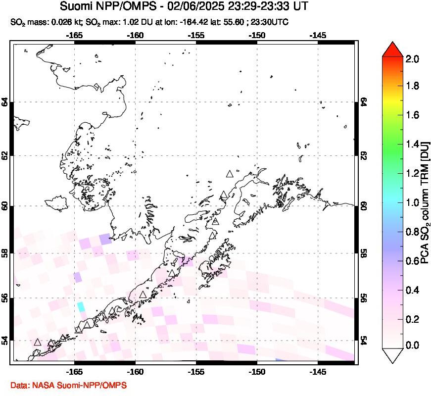 A sulfur dioxide image over Alaska, USA on Feb 06, 2025.