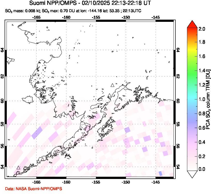 A sulfur dioxide image over Alaska, USA on Feb 10, 2025.