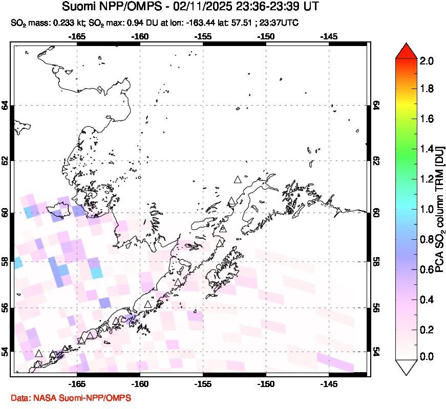 A sulfur dioxide image over Alaska, USA on Feb 11, 2025.