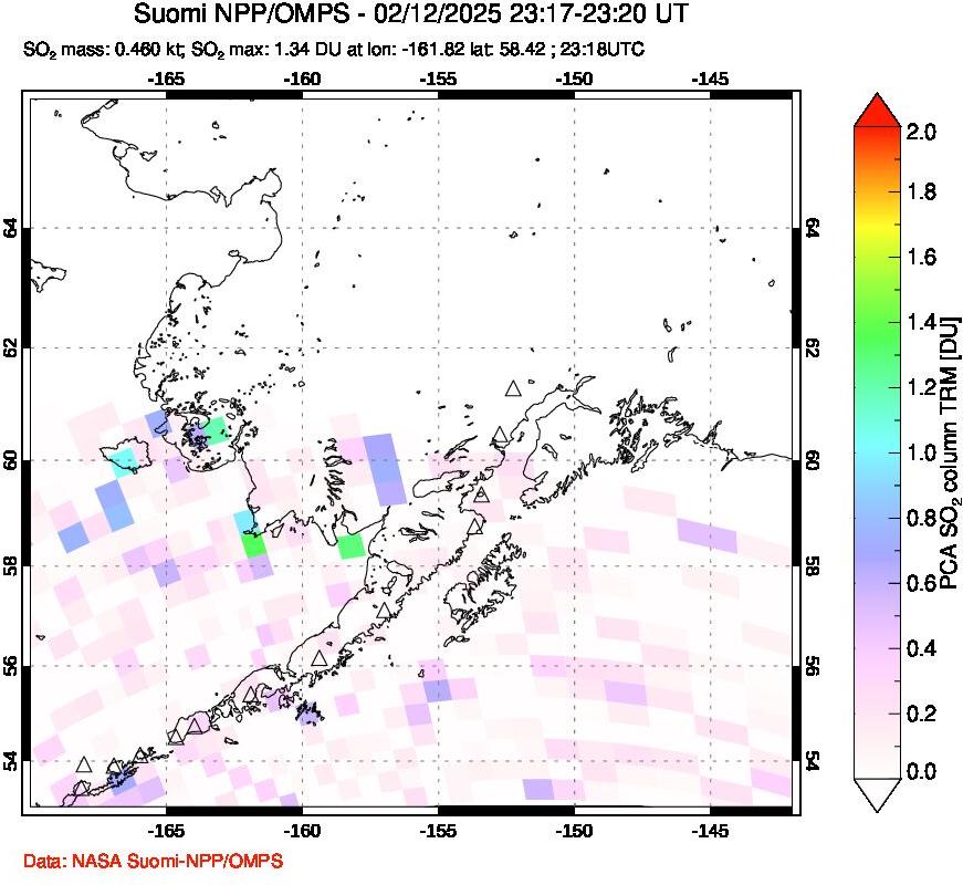 A sulfur dioxide image over Alaska, USA on Feb 12, 2025.