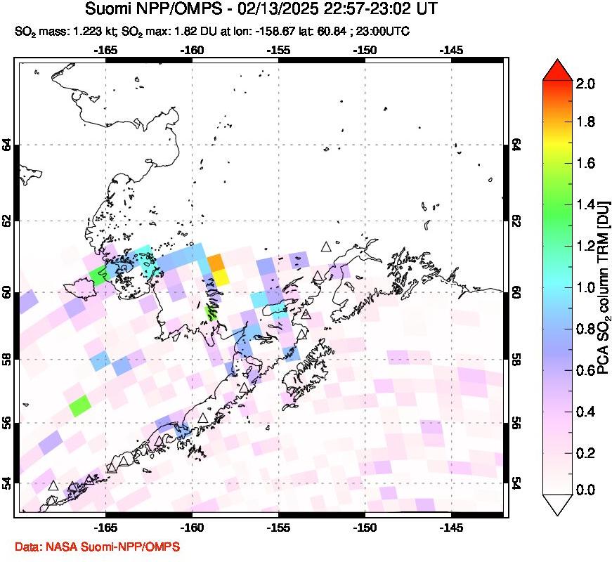 A sulfur dioxide image over Alaska, USA on Feb 13, 2025.