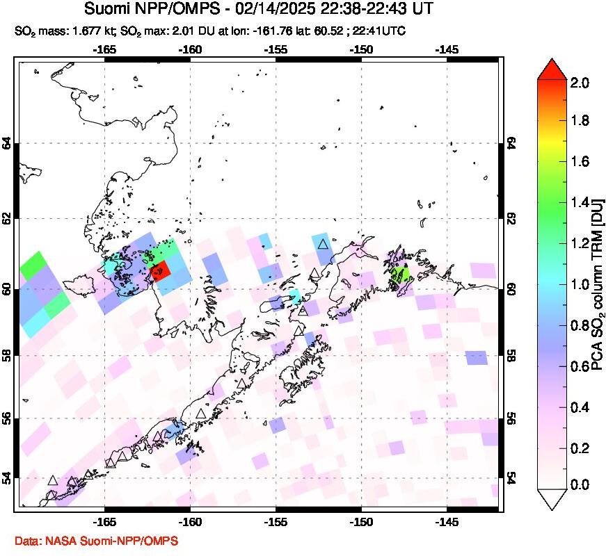 A sulfur dioxide image over Alaska, USA on Feb 14, 2025.