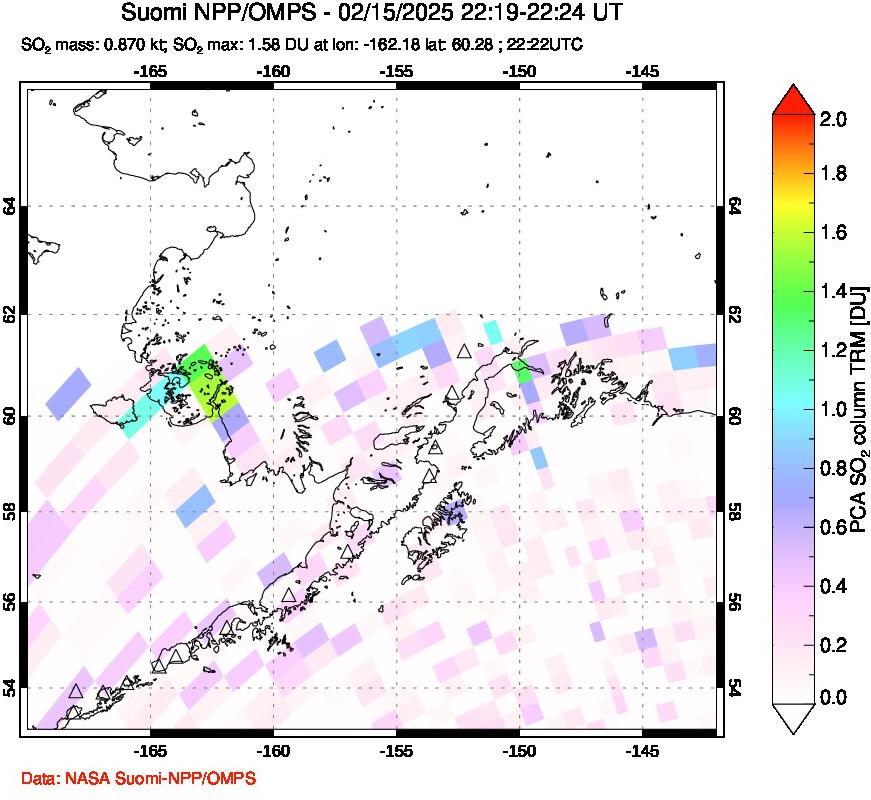 A sulfur dioxide image over Alaska, USA on Feb 15, 2025.