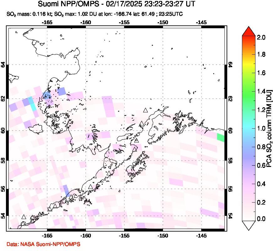 A sulfur dioxide image over Alaska, USA on Feb 17, 2025.