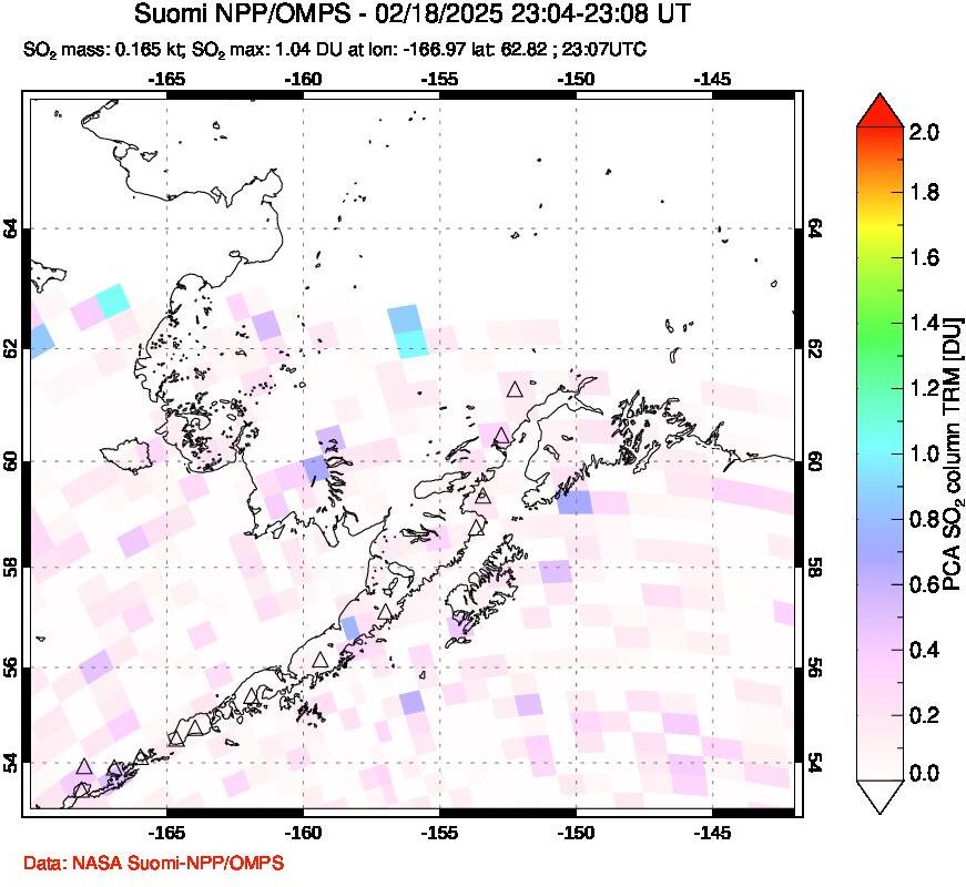 A sulfur dioxide image over Alaska, USA on Feb 18, 2025.