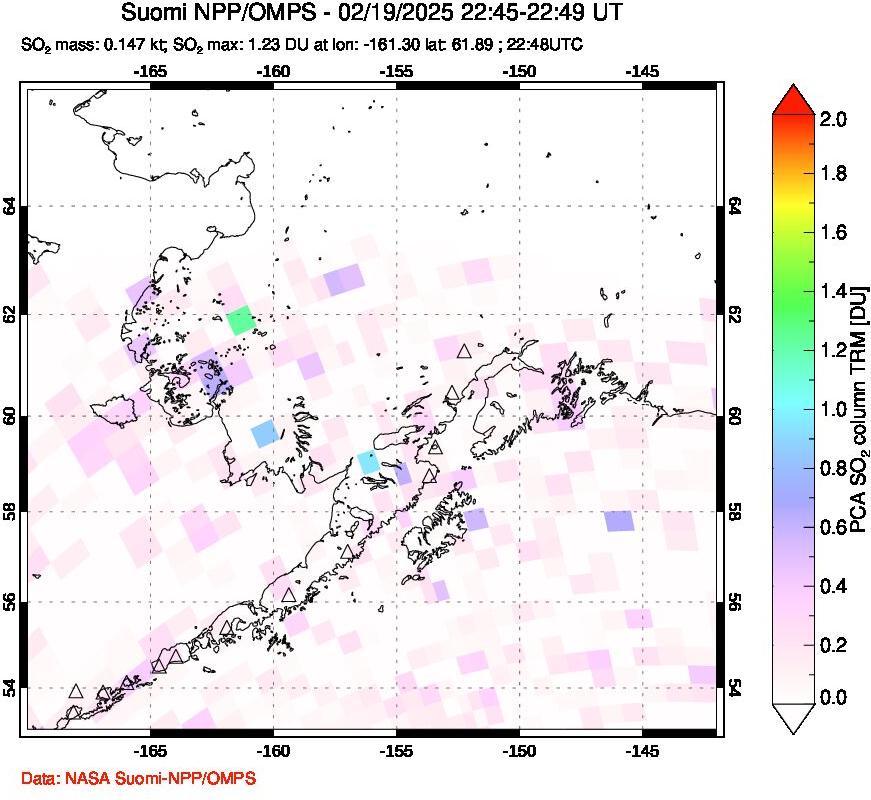 A sulfur dioxide image over Alaska, USA on Feb 19, 2025.