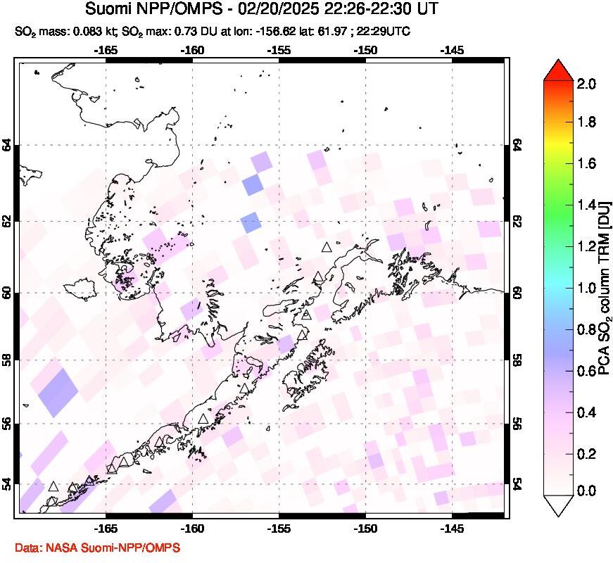 A sulfur dioxide image over Alaska, USA on Feb 20, 2025.