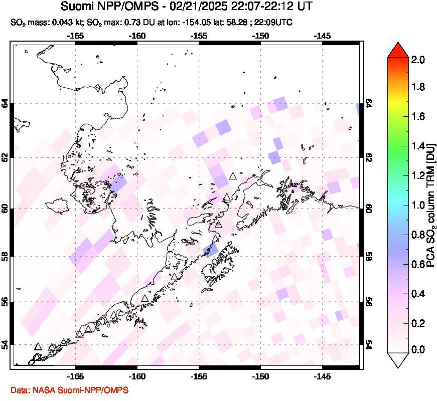 A sulfur dioxide image over Alaska, USA on Feb 21, 2025.