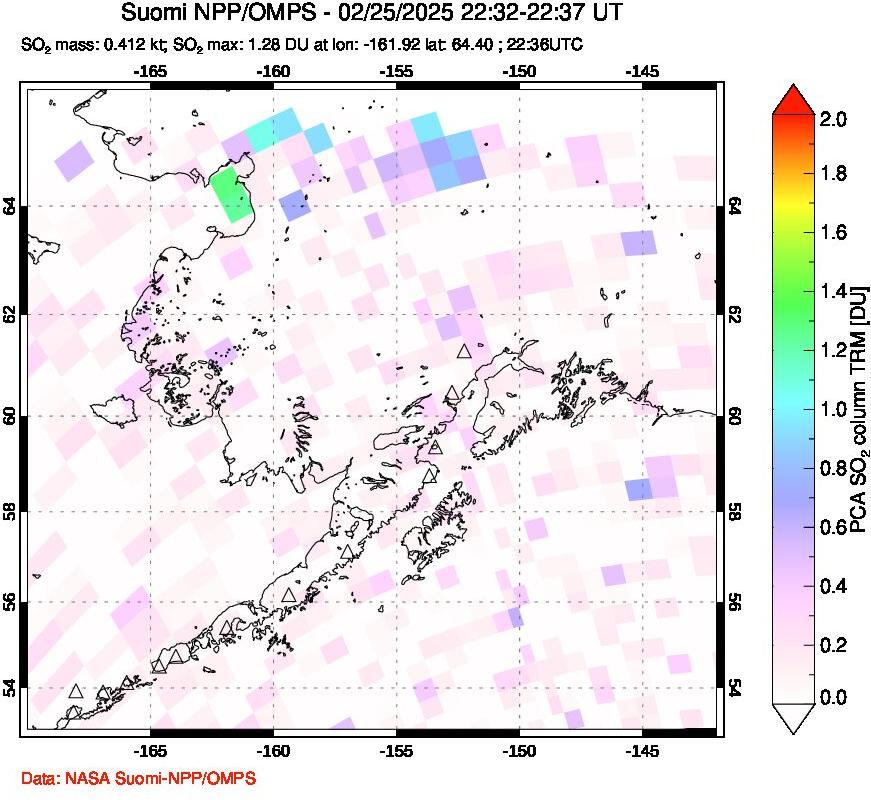 A sulfur dioxide image over Alaska, USA on Feb 25, 2025.