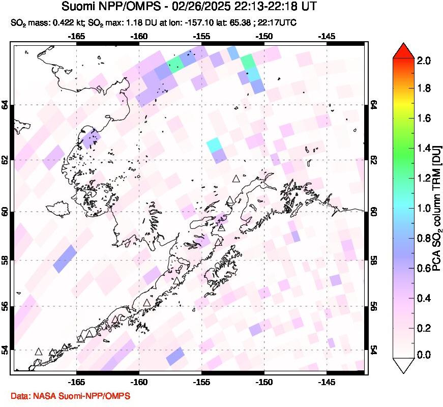 A sulfur dioxide image over Alaska, USA on Feb 26, 2025.