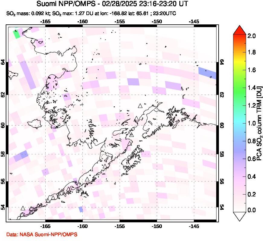 A sulfur dioxide image over Alaska, USA on Feb 28, 2025.