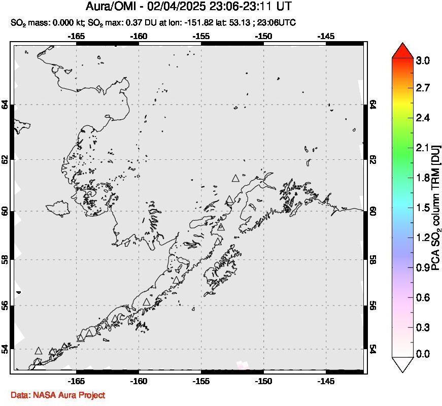 A sulfur dioxide image over Alaska, USA on Feb 04, 2025.