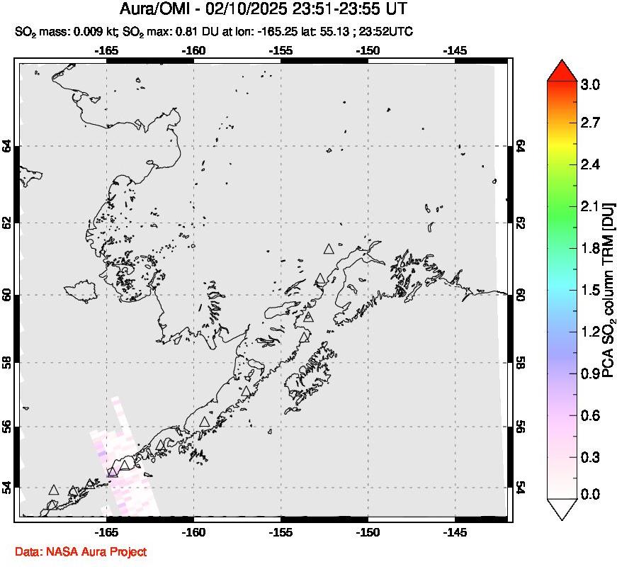 A sulfur dioxide image over Alaska, USA on Feb 10, 2025.