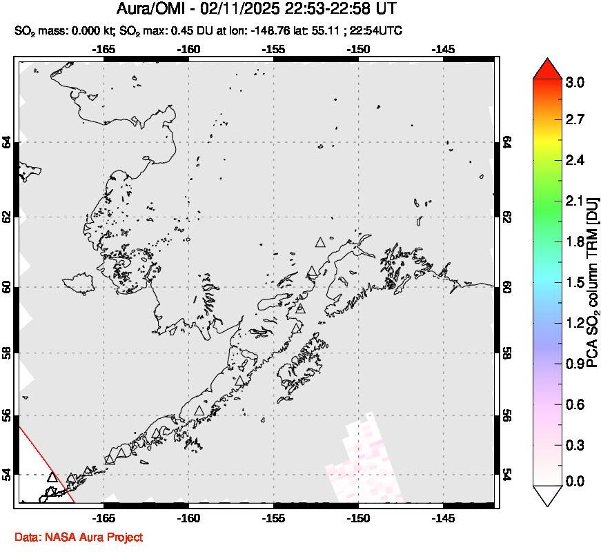 A sulfur dioxide image over Alaska, USA on Feb 11, 2025.