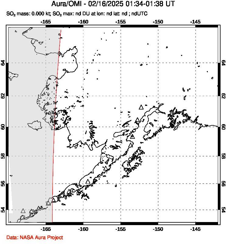 A sulfur dioxide image over Alaska, USA on Feb 16, 2025.