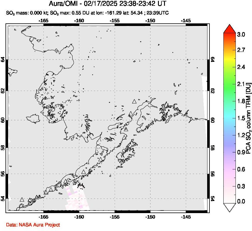 A sulfur dioxide image over Alaska, USA on Feb 17, 2025.