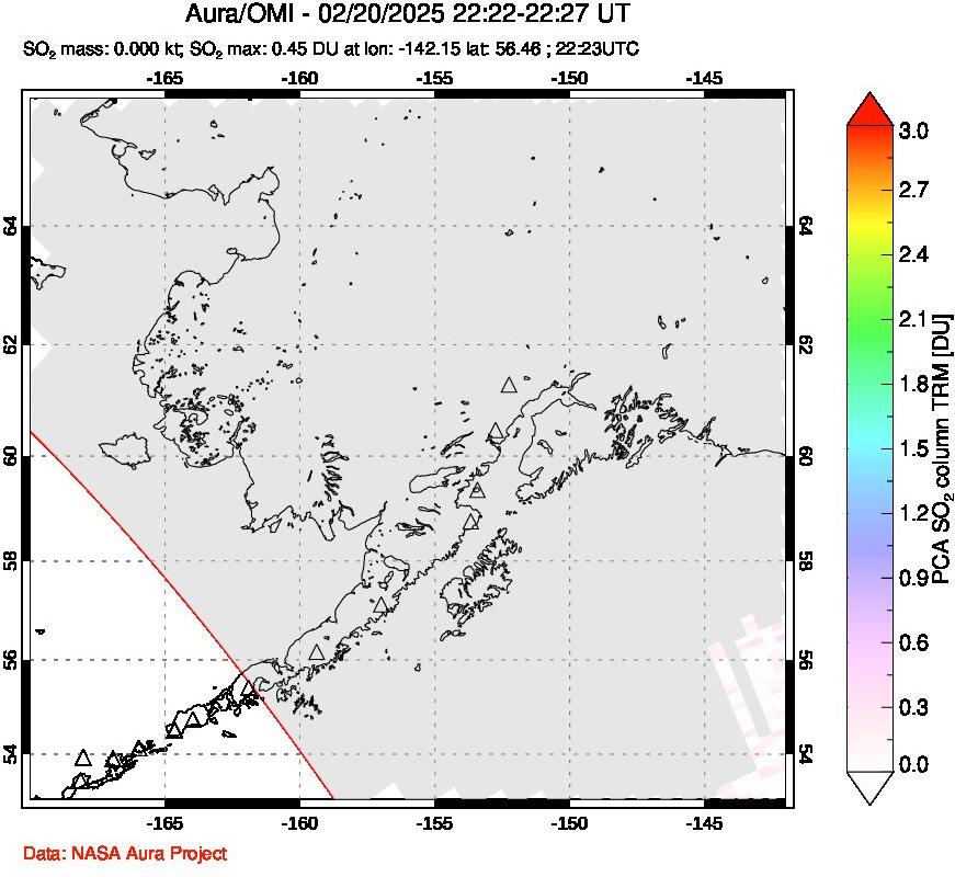 A sulfur dioxide image over Alaska, USA on Feb 20, 2025.