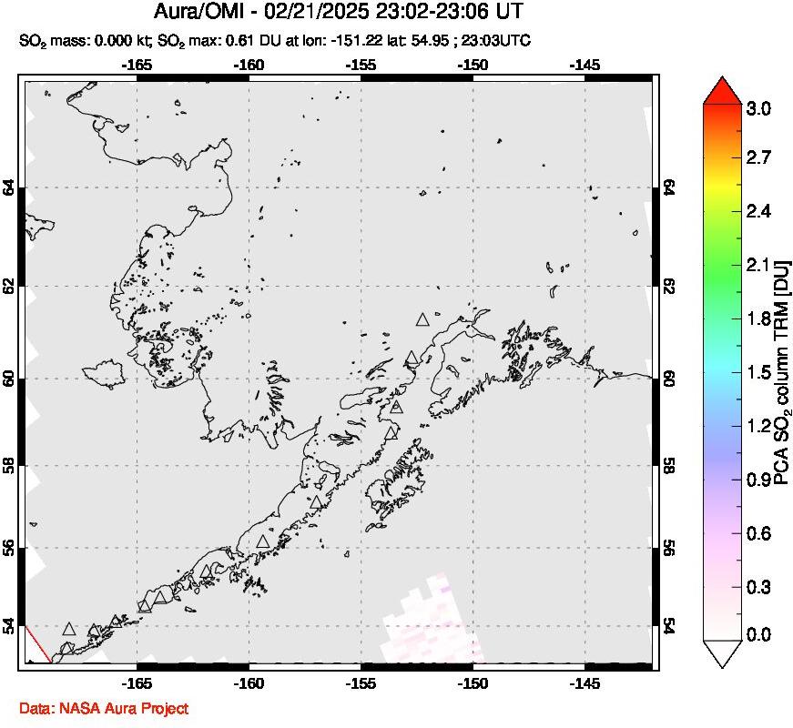 A sulfur dioxide image over Alaska, USA on Feb 21, 2025.