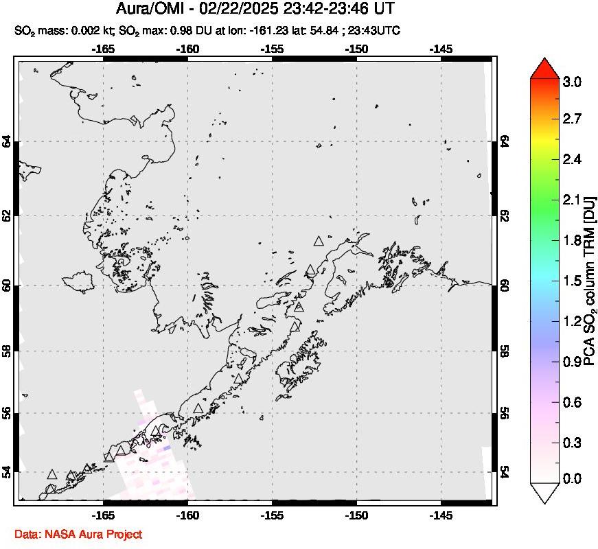 A sulfur dioxide image over Alaska, USA on Feb 22, 2025.