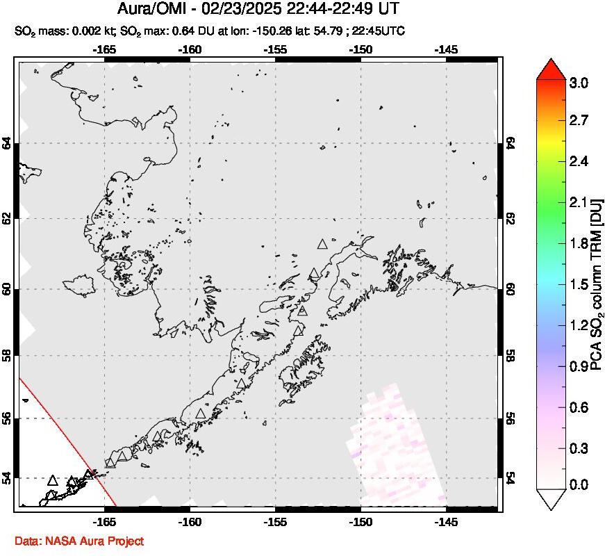 A sulfur dioxide image over Alaska, USA on Feb 23, 2025.