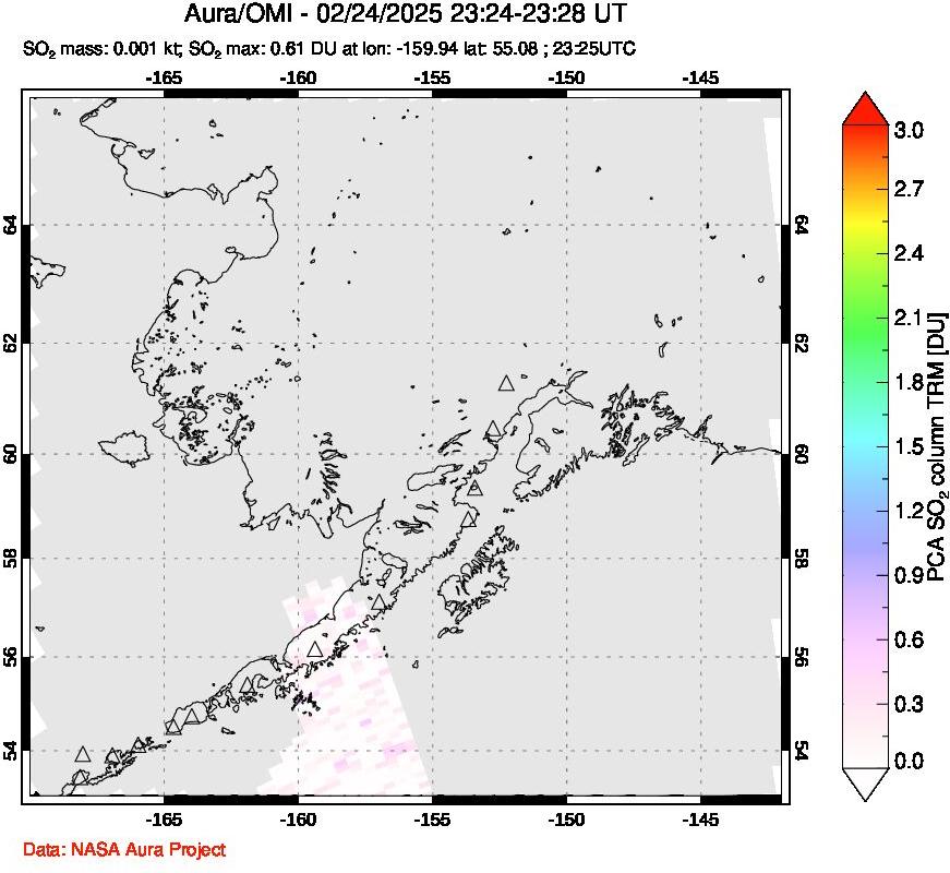 A sulfur dioxide image over Alaska, USA on Feb 24, 2025.