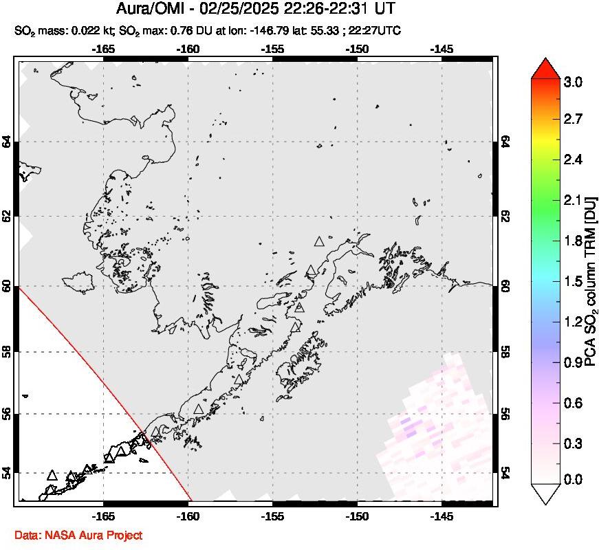 A sulfur dioxide image over Alaska, USA on Feb 25, 2025.