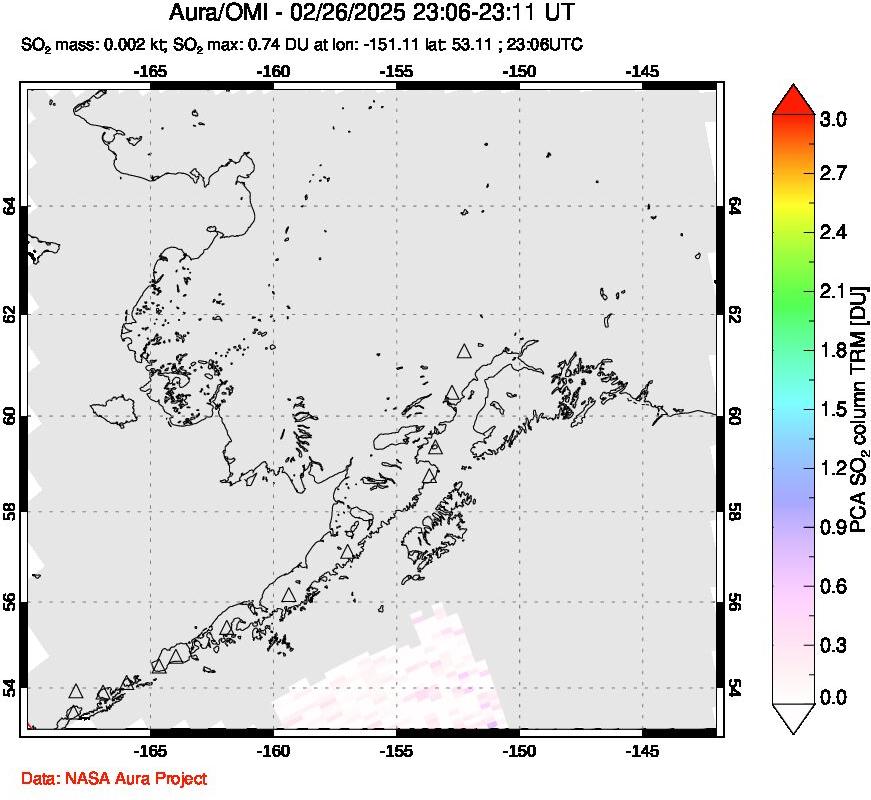 A sulfur dioxide image over Alaska, USA on Feb 26, 2025.