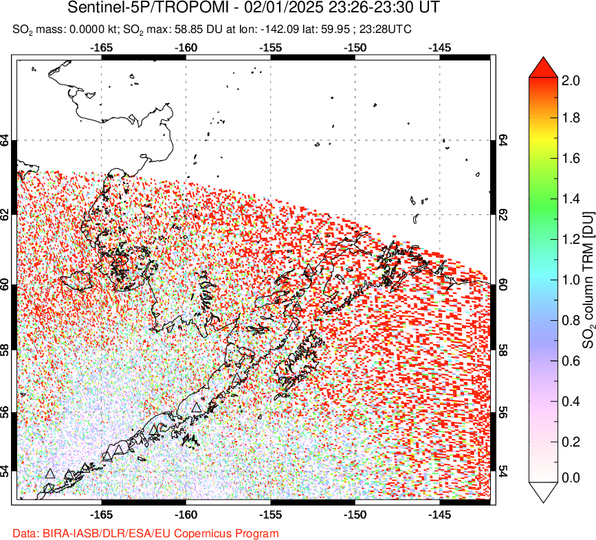 A sulfur dioxide image over Alaska, USA on Feb 01, 2025.