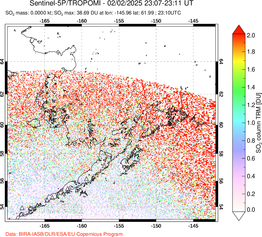 A sulfur dioxide image over Alaska, USA on Feb 02, 2025.