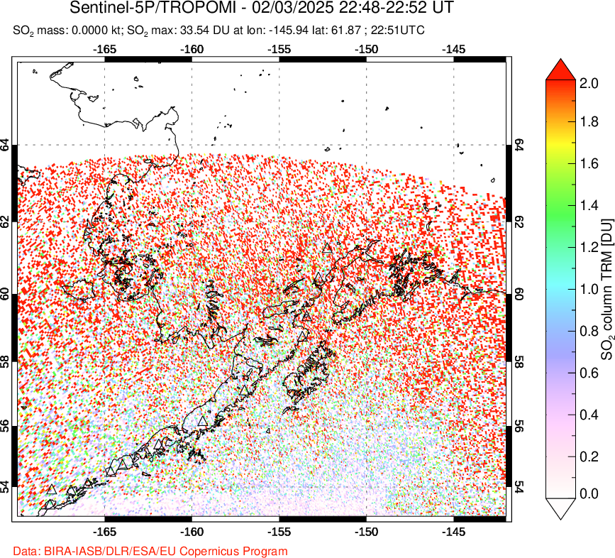 A sulfur dioxide image over Alaska, USA on Feb 03, 2025.