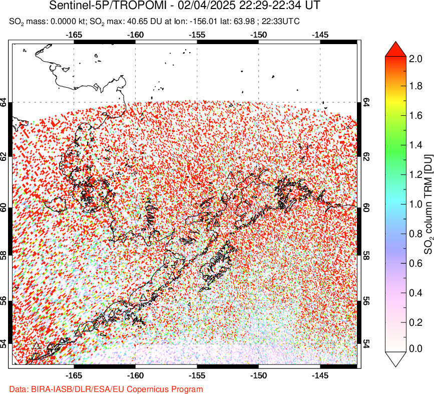 A sulfur dioxide image over Alaska, USA on Feb 04, 2025.