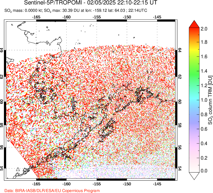 A sulfur dioxide image over Alaska, USA on Feb 05, 2025.