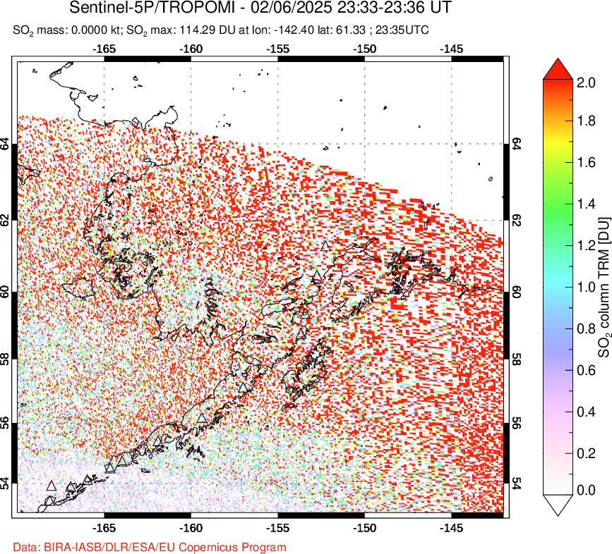 A sulfur dioxide image over Alaska, USA on Feb 06, 2025.