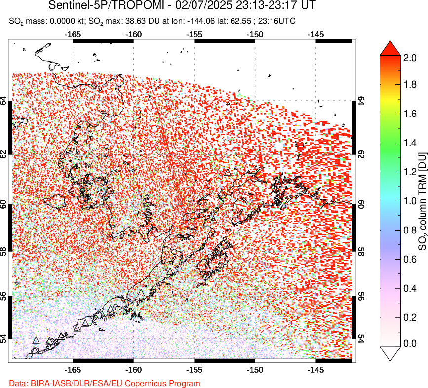 A sulfur dioxide image over Alaska, USA on Feb 07, 2025.